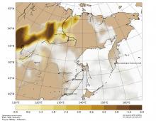 По карте аэрозольного индекса, построенной на основе спутниковых данных с КА &quot;Suomi NPP&quot;, можно оценить степень загрязнения атмосферы мелкодисперсными частицами от действующих пожаров в Якутии.
